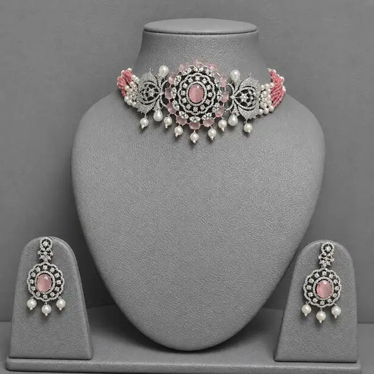 Premium Blush Pink American Diamond Choker with Pearl Drops