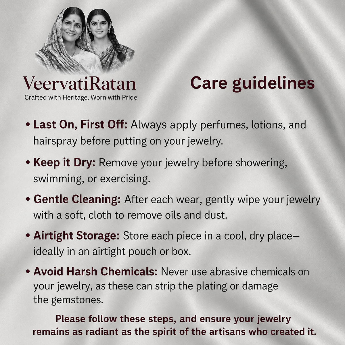 Care guidelines graphic for Veervati Ratan jewelry, featuring a black-and-white photo of a woman at the top and bullet points on how to store, clean, and wear the jewelry against a satin-textured gray background.