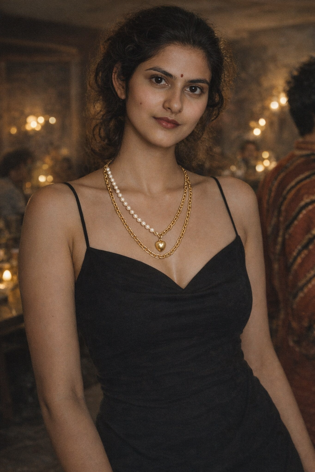 Layered Heart Pendant Gold Necklace With Pearl Strand And Paperclip Chain