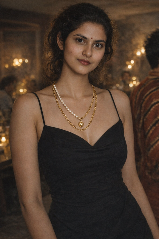 Layered Heart Pendant Gold Necklace With Pearl Strand And Paperclip Chain