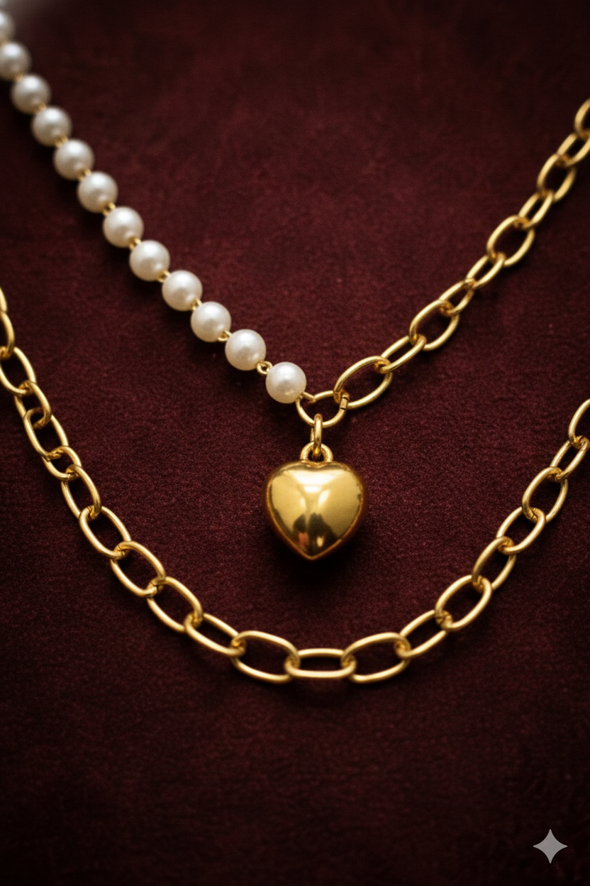 Layered Heart Pendant Gold Necklace With Pearl Strand And Paperclip Chain