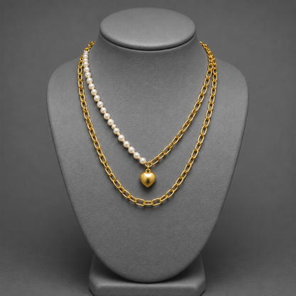 Layered Heart Pendant Gold Necklace with Pearl Strand & Paperclip Chain