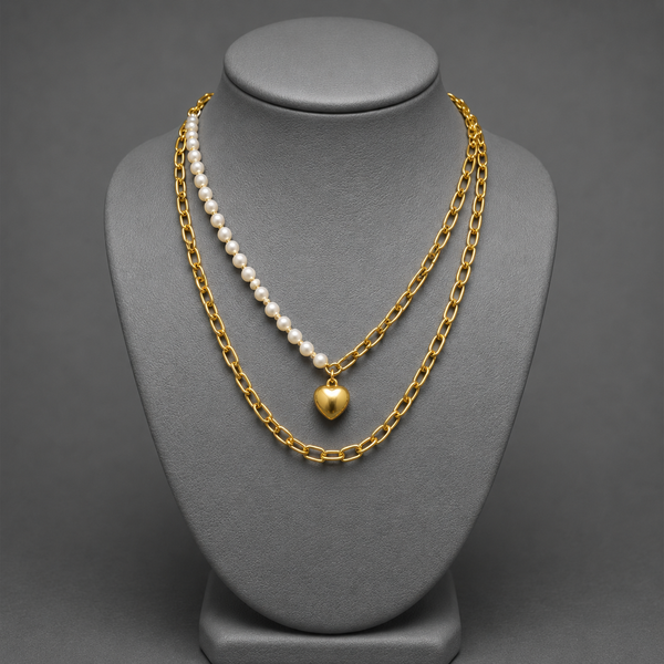 Layered Heart Pendant Gold Necklace With Pearl Strand And Paperclip Chain