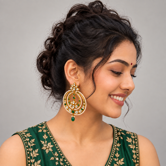 A woman wearing a large gold-toned traditional Indian jhumka earring with green stone accents, shown in a close-up portrait against a plain gray background.
