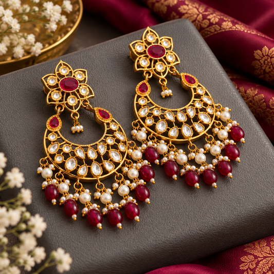 A pair of ornate gold-toned Indian-style chandelier earrings with red gemstones and white faux pearls, displayed on a dark gray textured surface with red patterned fabric and small white flowers.