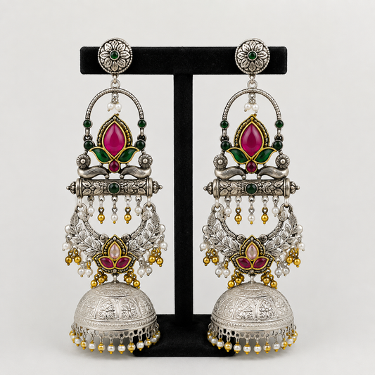 Pink & Green Kundan Silver Jhumkas with Pearl & Gold Accents