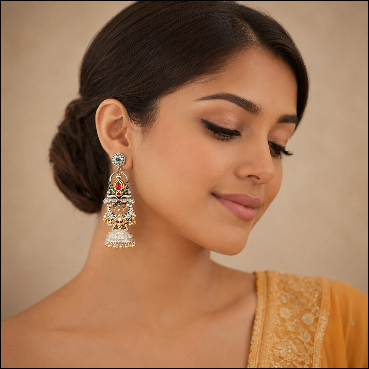 Pink & Green Kundan Silver Jhumkas with Pearl & Gold Accents