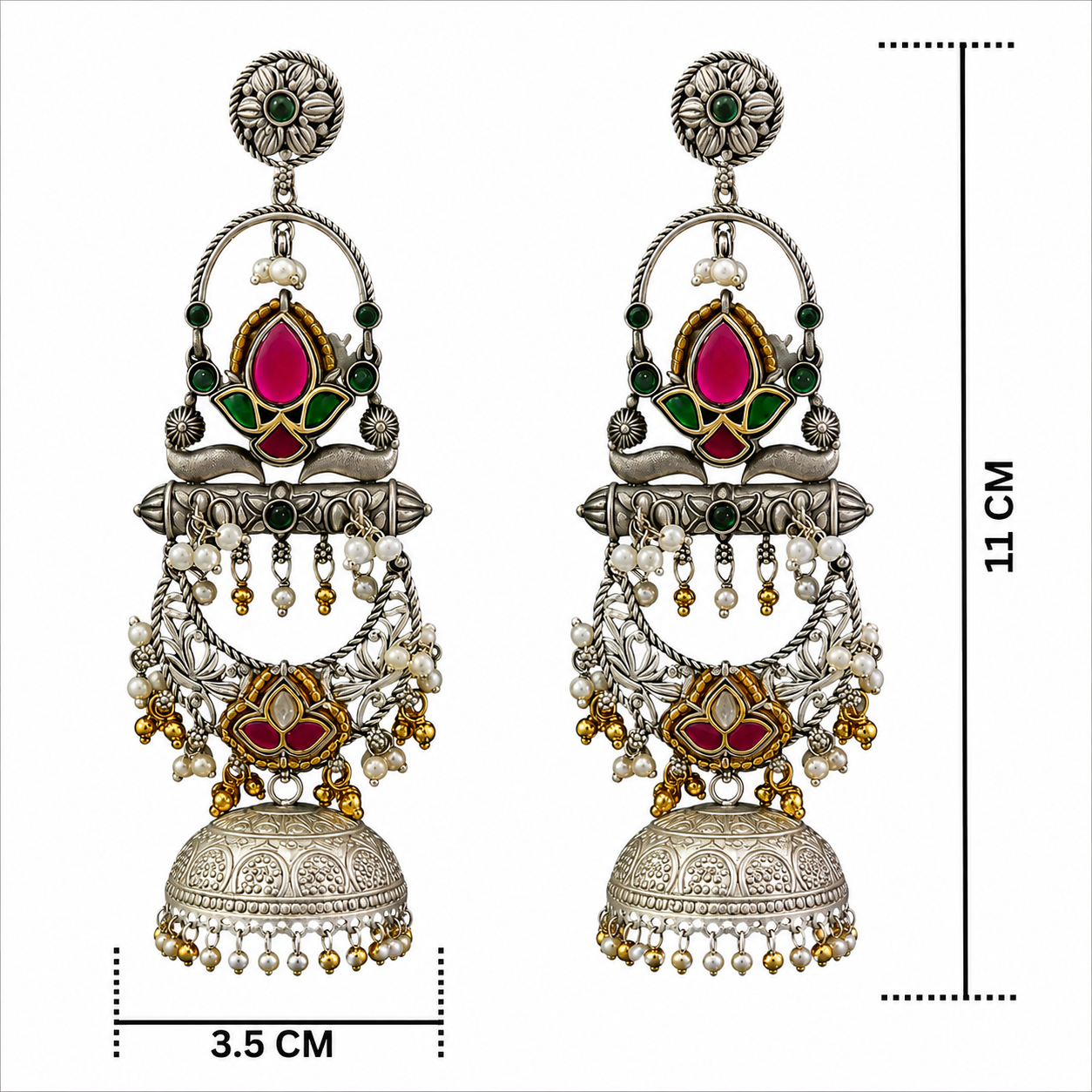 Pink & Green Kundan Silver Jhumkas with Pearl & Gold Accents