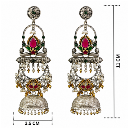 Pink & Green Kundan Silver Jhumkas with Pearl & Gold Accents