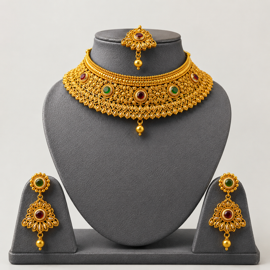 Antique Gold Choker Necklace Set with Maang Tikka & Earrings