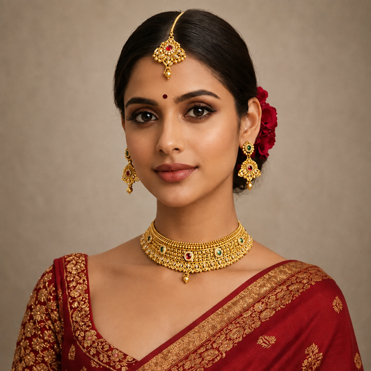 Antique Gold Choker Necklace Set with Maang Tikka & Earrings