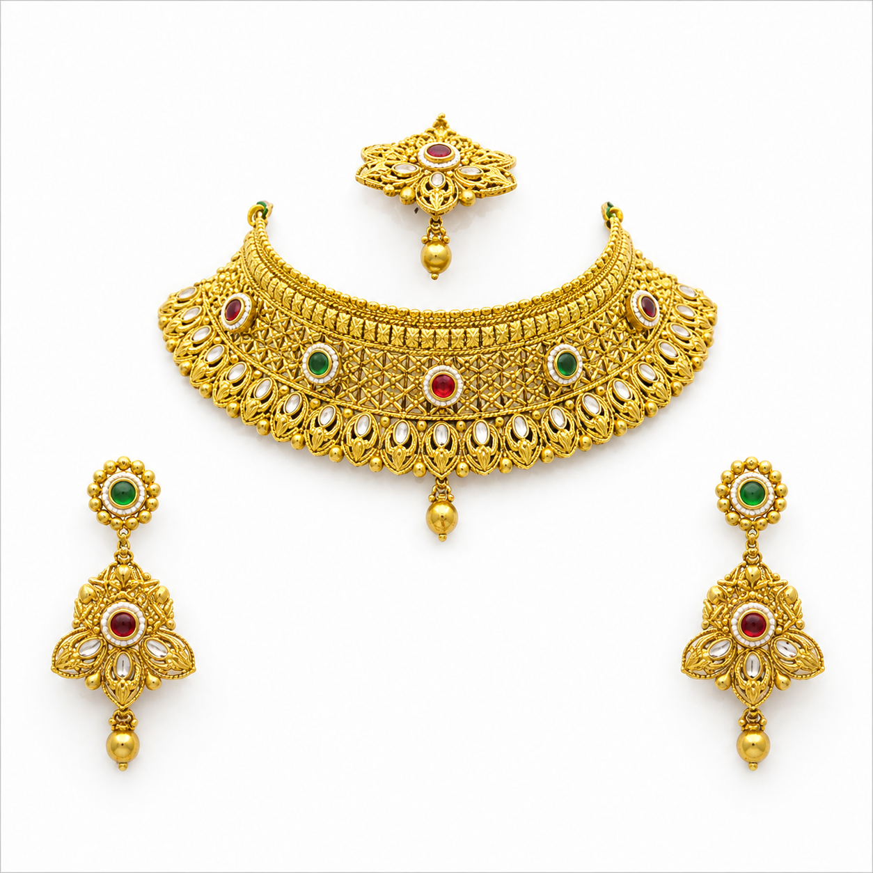 Antique Gold Choker Necklace Set with Maang Tikka & Earrings