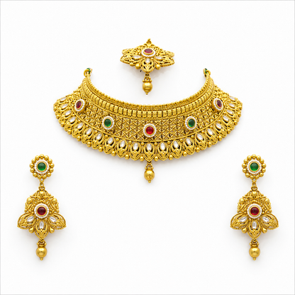 Antique Gold Choker Necklace Set with Maang Tikka & Earrings