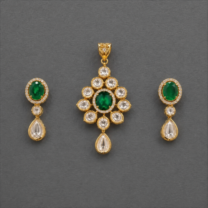 Royal Green Emerald Kundan Pendant & Earrings Set | Gold Polished