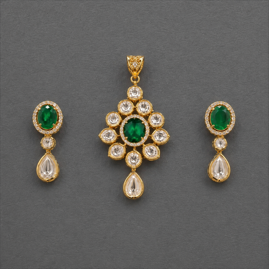 Royal Green Emerald Kundan Pendant & Earrings Set | Gold Polished