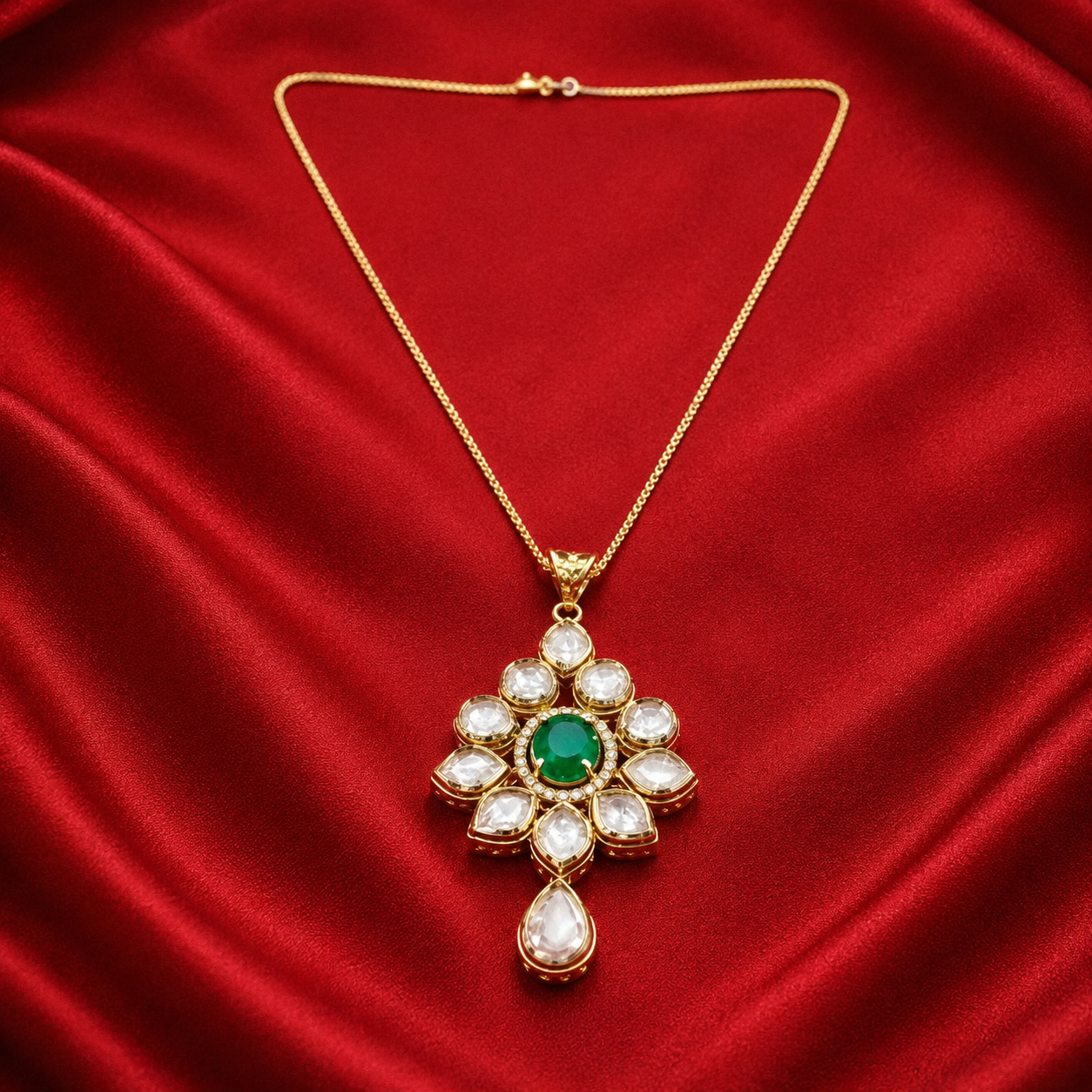 Royal Green Emerald Kundan Pendant & Earrings Set | Gold Polished