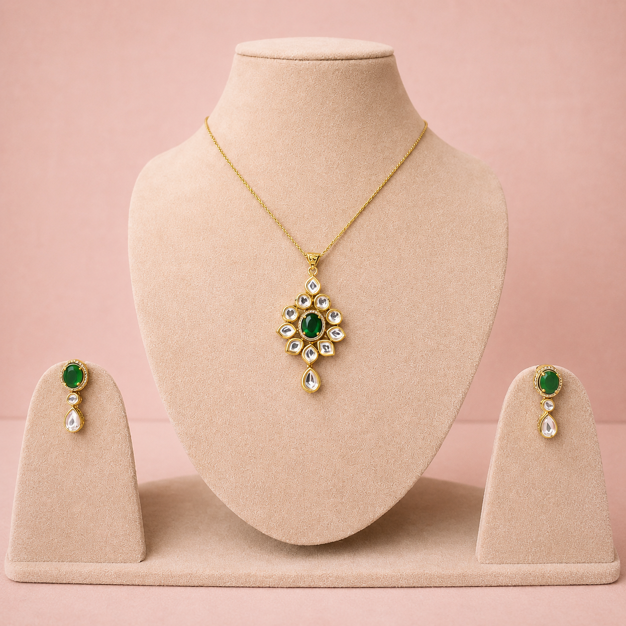 Royal Green Emerald Kundan Pendant & Earrings Set | Gold Polished