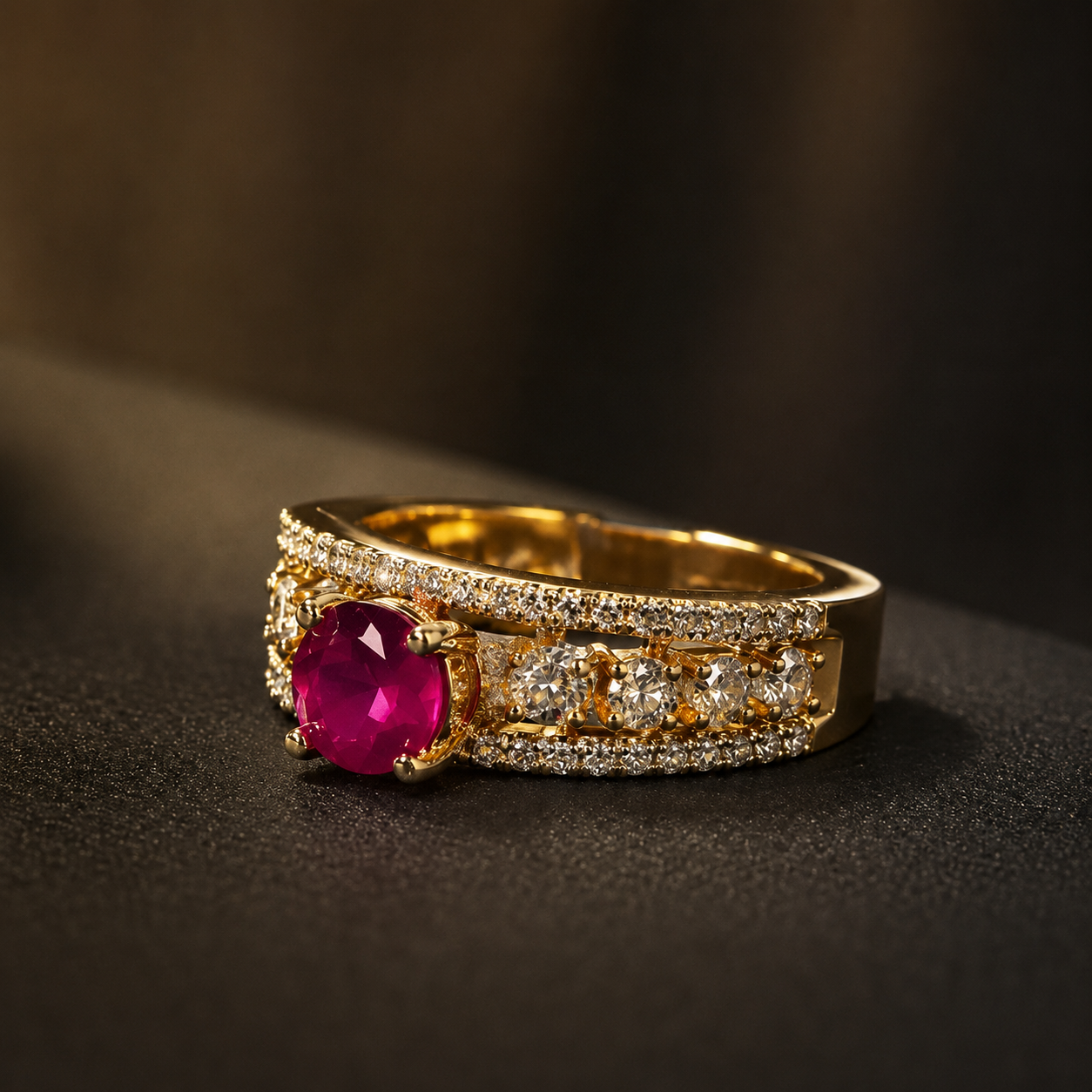 Adjustable Gold-Tone Ruby Ring | Diamond Halo Statement Jewelry