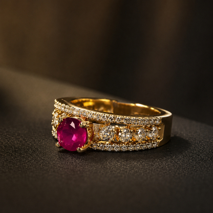 Adjustable Gold-Tone Ruby Ring | Diamond Halo Statement Jewelry