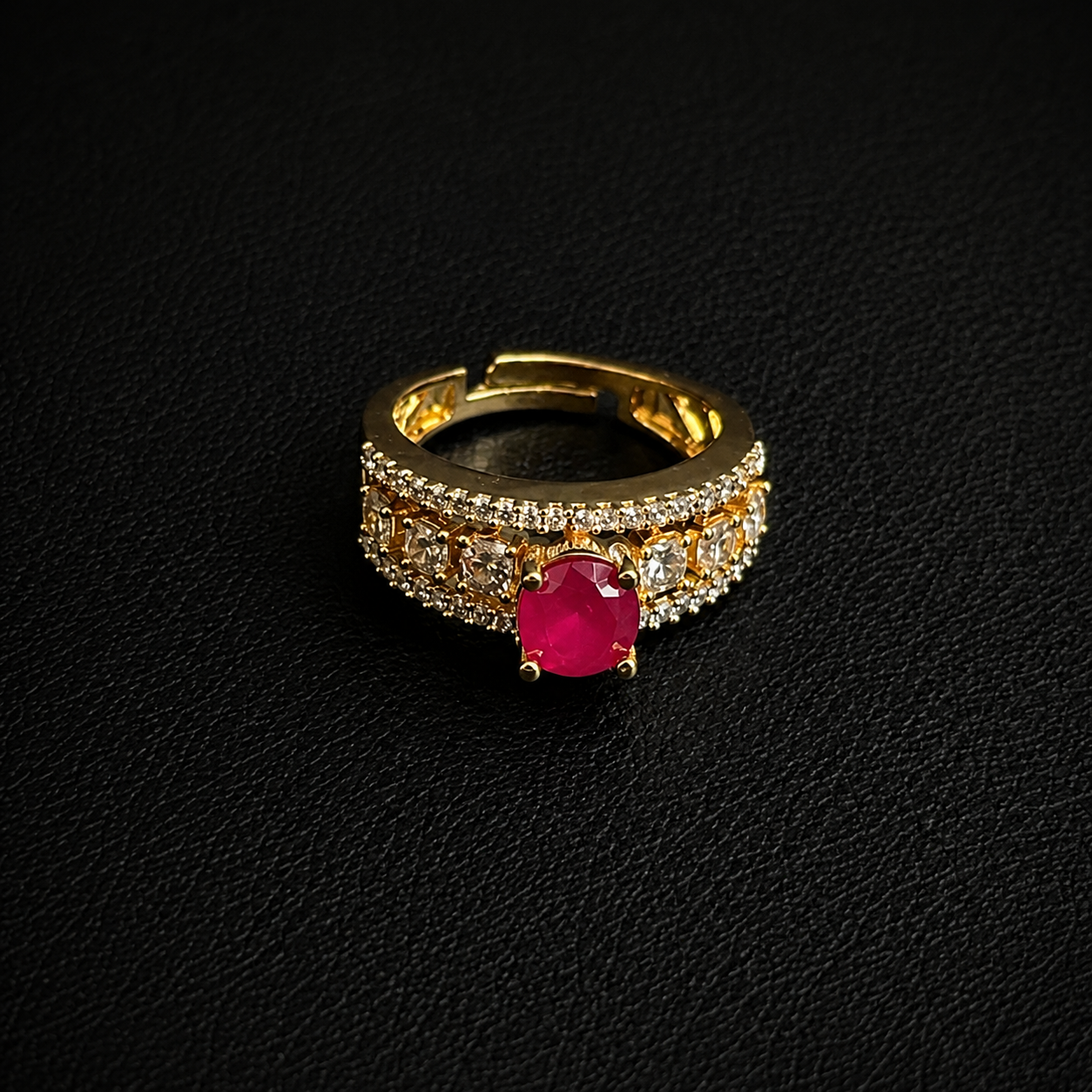Adjustable Gold-Tone Ruby Ring | Diamond Halo Statement Jewelry