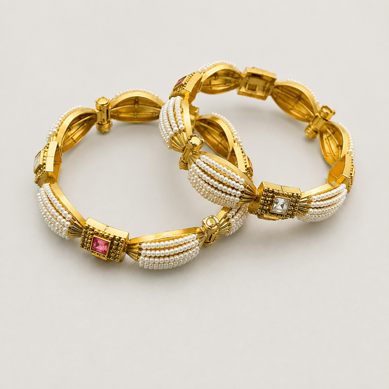 Premium Pearl & Stone Gold Tone Kada Bangles | Size 2.4
