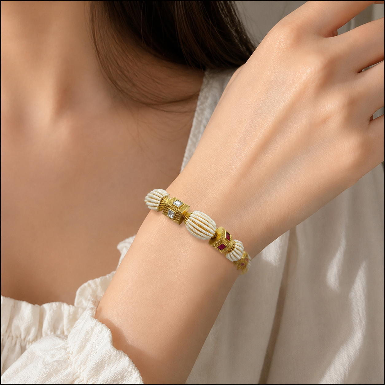 Premium Pearl & Stone Gold Tone Kada Bangles | Size 2.4