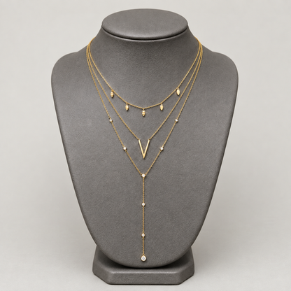 Triple-Layer Chevron V 18K Gold Plated Y-Necklace with Leaf Charms