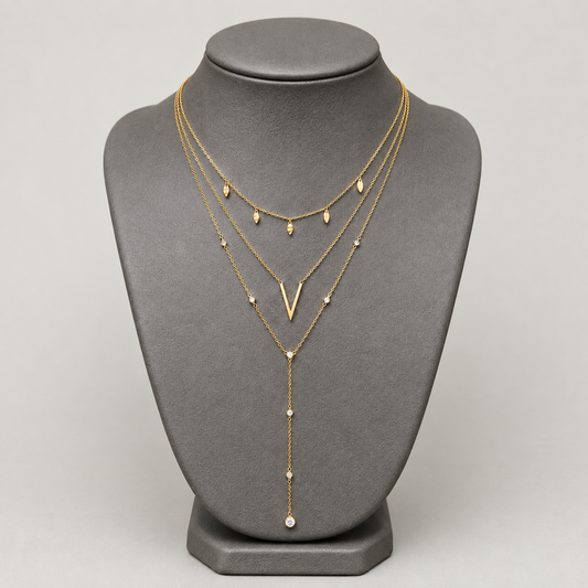 Triple Layer Chevron V 18K Gold Plated Y Necklace With Leaf Charms