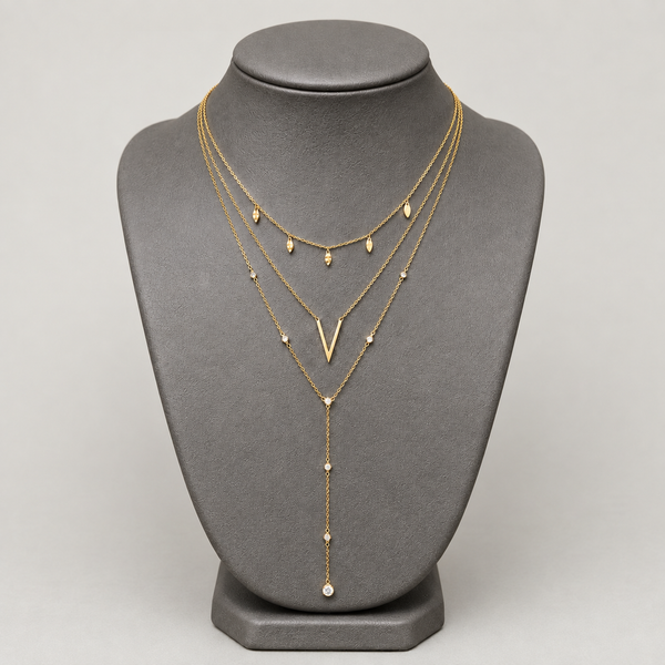Triple Layer Chevron V 18K Gold Plated Y Necklace With Leaf Charms