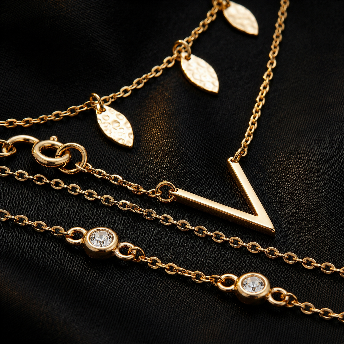 Triple-Layer Chevron V 18K Gold Plated Y-Necklace with Leaf Charms