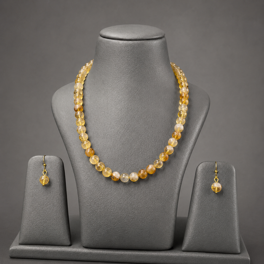 Natural Citrine Beaded Necklace Set with Earrings , Handcrafted Gemstone Jewellery for Women