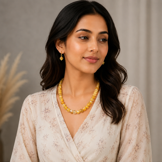 Natural Citrine Beaded Necklace Set with Earrings , Handcrafted Gemstone Jewellery for Women