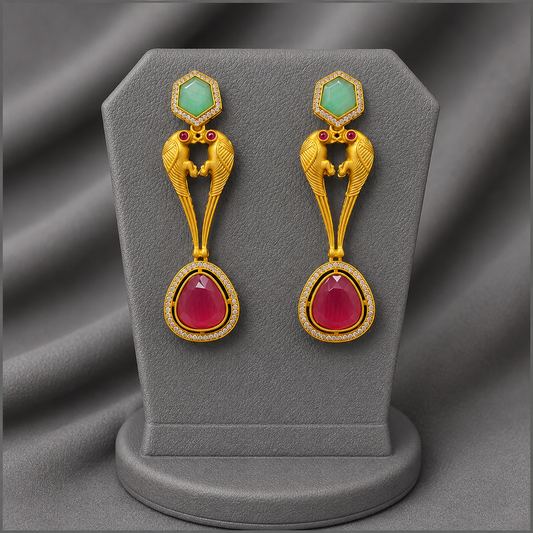 Emerald And Amethyst Gold Polished Fusion Bird Motif Statement Drops For Festive Wear