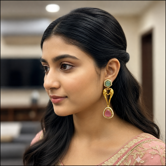 Emerald And Amethyst Gold Polished Fusion Bird Motif Statement Drops For Festive Wear