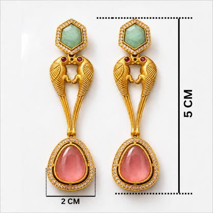 Emerald & Amethyst Gold-Polished Fusion Bird Motif Statement Drops