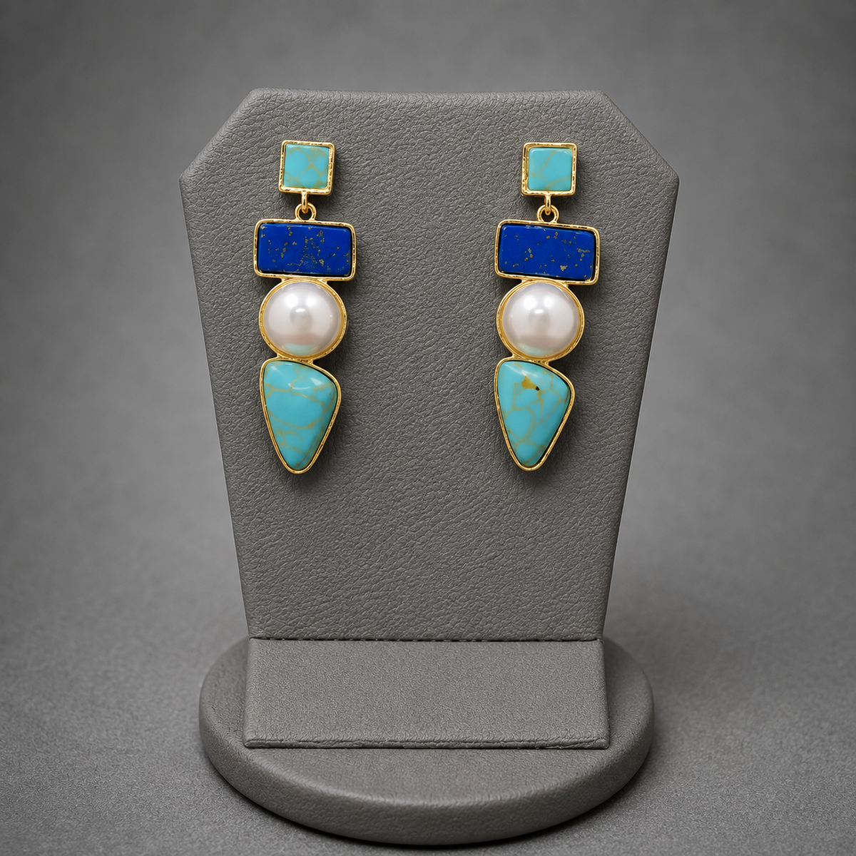 Boho Chic Turquoise & Lapis Geometric Drop Earrings