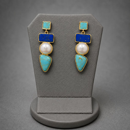 Boho Chic Turquoise And Lapis Geometric Drop Earrings