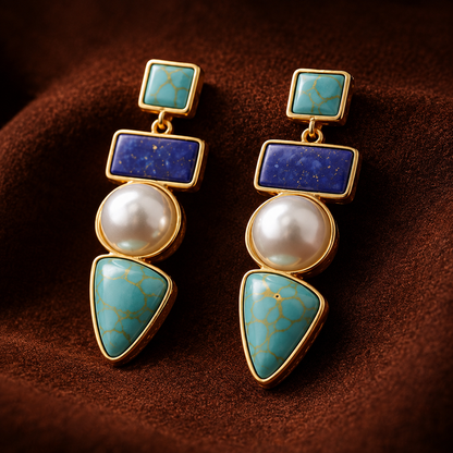 Boho Chic Turquoise & Lapis Geometric Drop Earrings