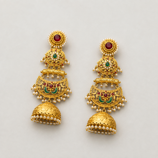 Gold Jhumka Earrings with Pearl Drops & Kundan Stones – Bridal Jewelry
