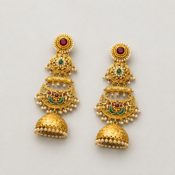 Gold Jhumka Earrings with Pearl Drops & Kundan Stones – Bridal Jewelry