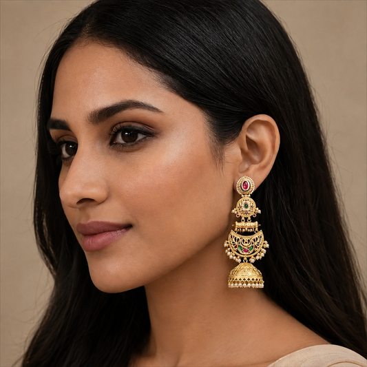 Gold Jhumka Earrings with Pearl Drops & Kundan Stones – Bridal Jewelry