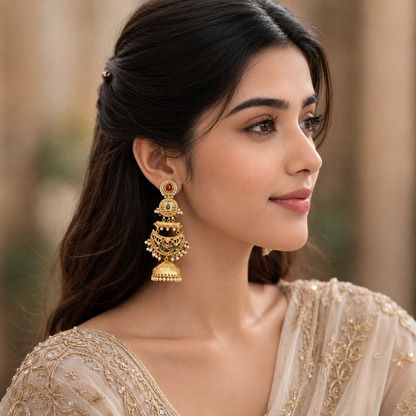 Antique Gold Kundan Meenakari Jhumka Earrings with Pearls