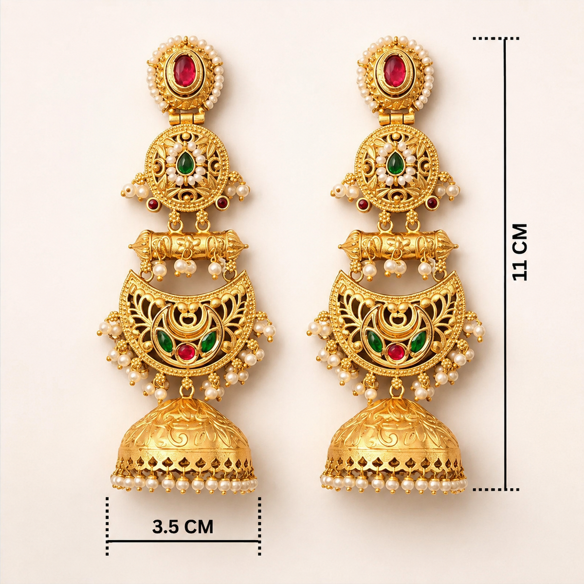 Antique Gold Kundan Meenakari Jhumka Earrings with Pearls