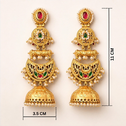 Antique Gold Kundan Meenakari Jhumka Earrings with Pearls