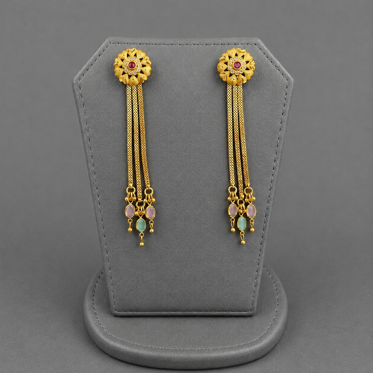 Antique Gold Ruby Floral Statement Earrings with Tassels