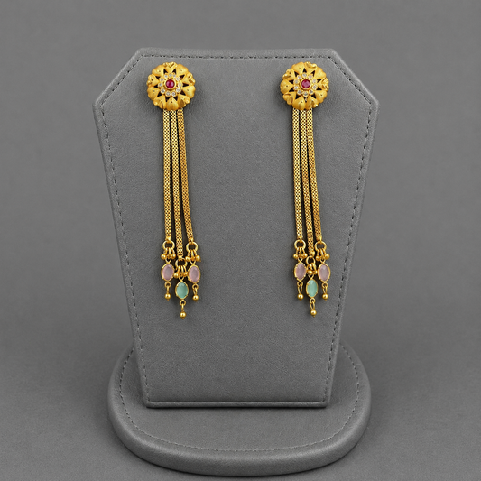 Classic Ruby Floral Tassel Earrings , Gold plated , Drop Statement Earrings