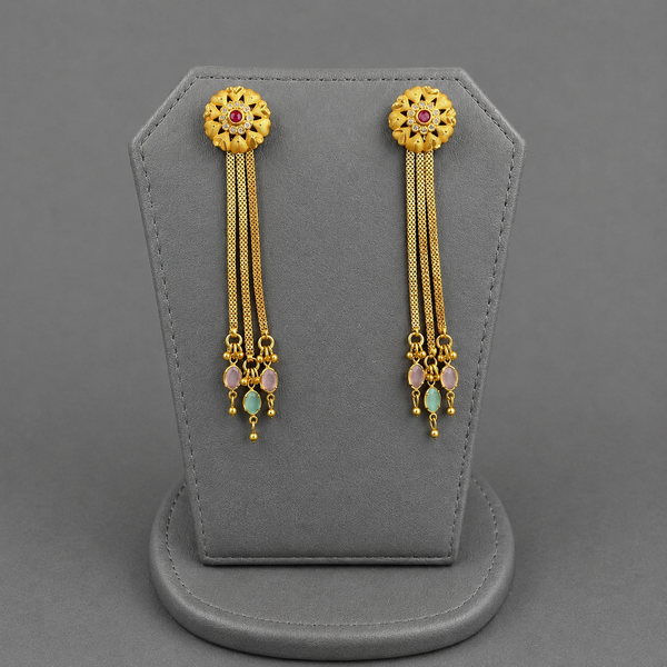 Classic Ruby Floral Tassel Earrings , Gold plated , Drop Statement Earrings