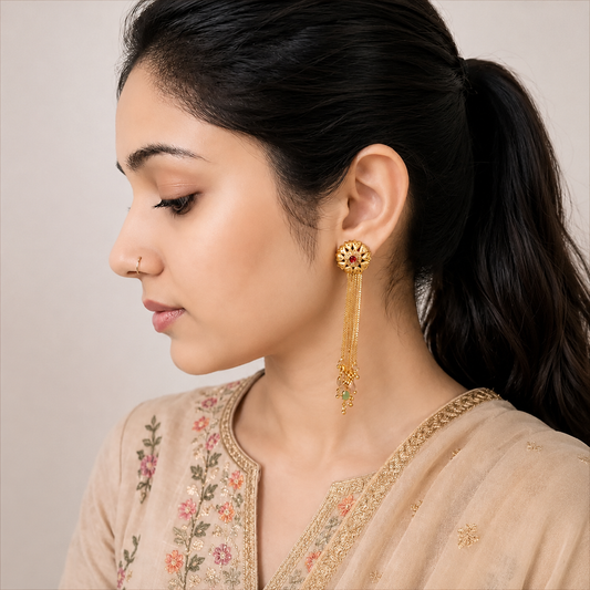 Classic Ruby Floral Tassel Earrings , Gold plated , Drop Statement Earrings