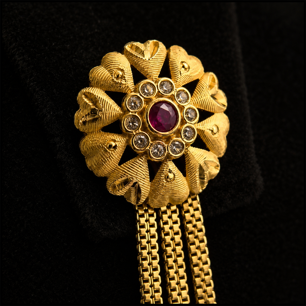 Antique Gold Ruby Floral Statement Earrings with Tassels