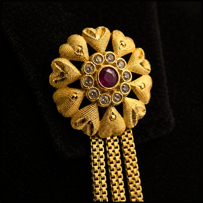 Antique Gold Ruby Floral Statement Earrings with Tassels
